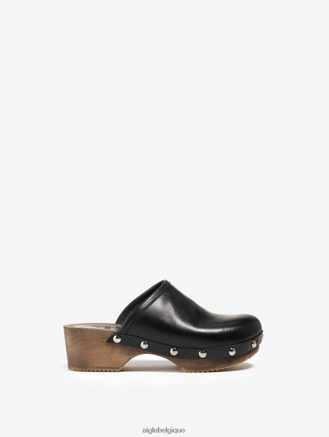 Aigle chaussures sabot en cuir et bois noir femmes HV42L2631