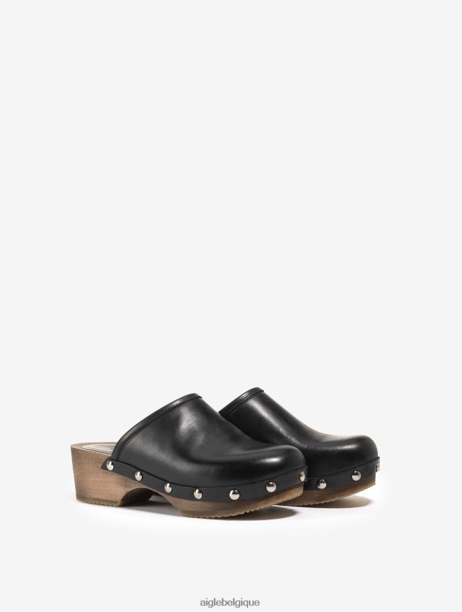 Aigle chaussures sabot en cuir et bois noir femmes HV42L2631