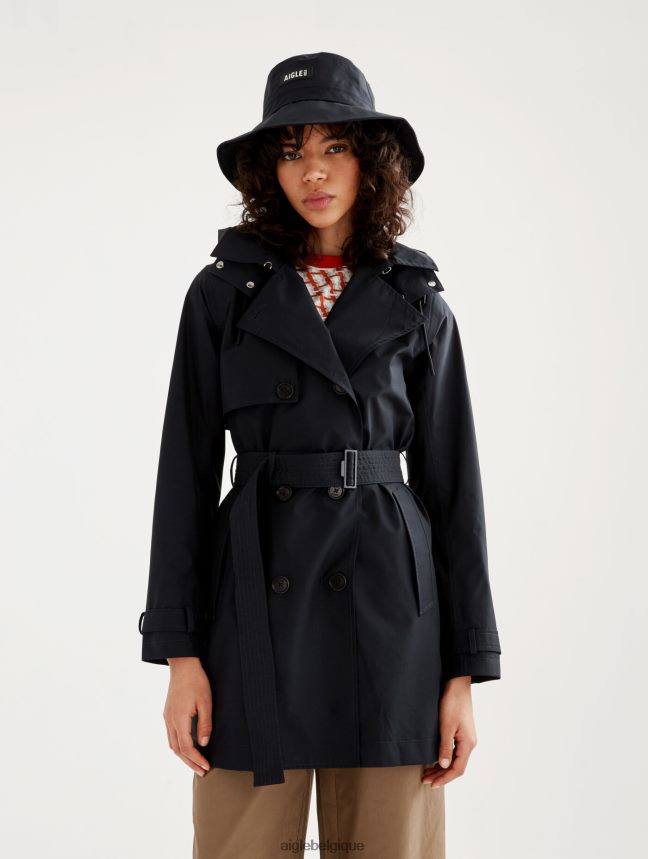 Aigle vêtements trench-coat court en gore-tex à capuche amovible noir femmes HV42L2463