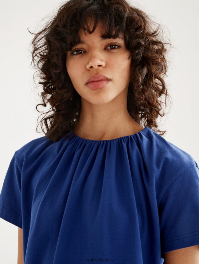 Aigle vêtements t-shirt à manches courtes avec encolure froncée encrebleu femmes HV42L2573