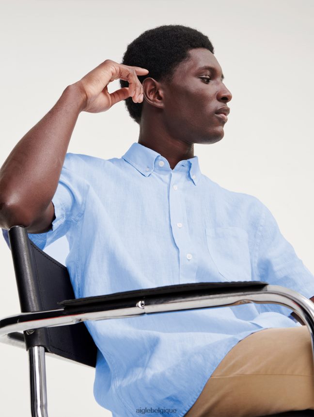 Aigle vêtements chemise à manches courtes en lin bleu-ciel Hommes HV42L2131