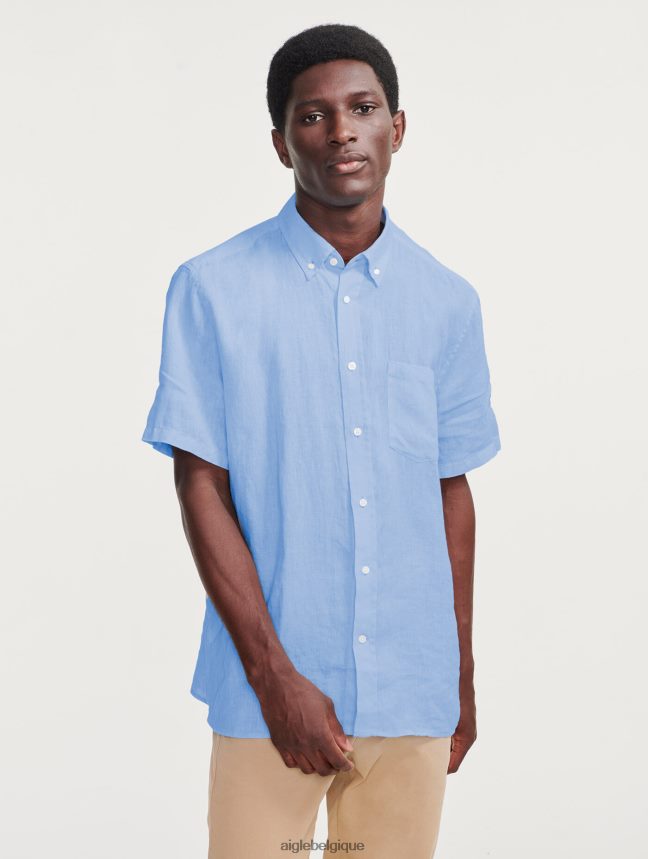 Aigle vêtements chemise à manches courtes en lin bleu-ciel Hommes HV42L2131