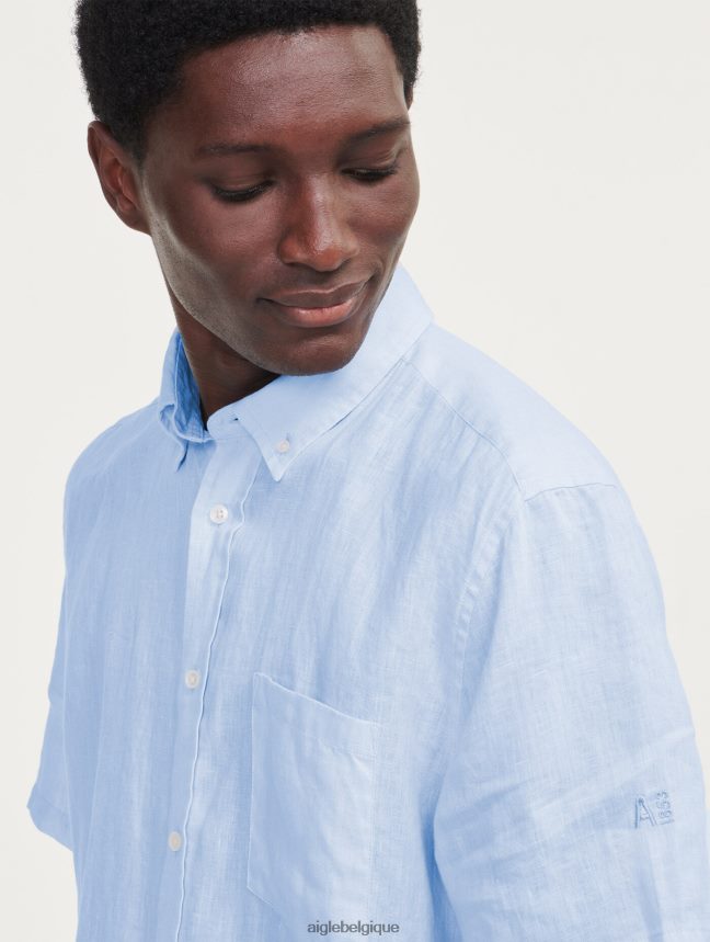 Aigle vêtements chemise à manches courtes en lin bleu-ciel Hommes HV42L2131