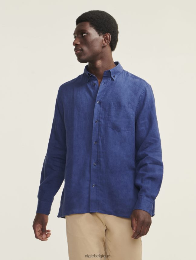 Aigle vêtements chemise à manches longues en lin encrebleu Hommes HV42L295