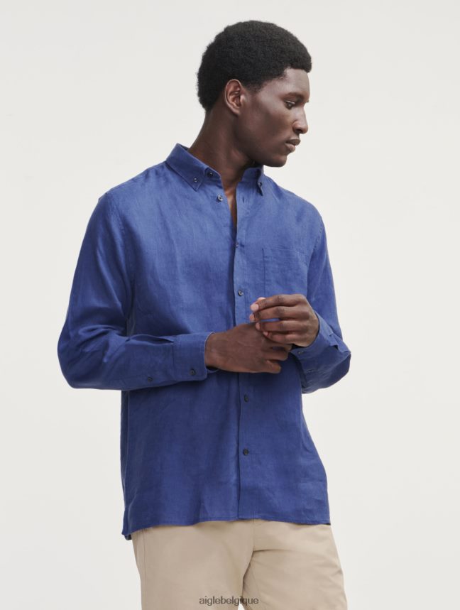 Aigle vêtements chemise à manches longues en lin encrebleu Hommes HV42L295