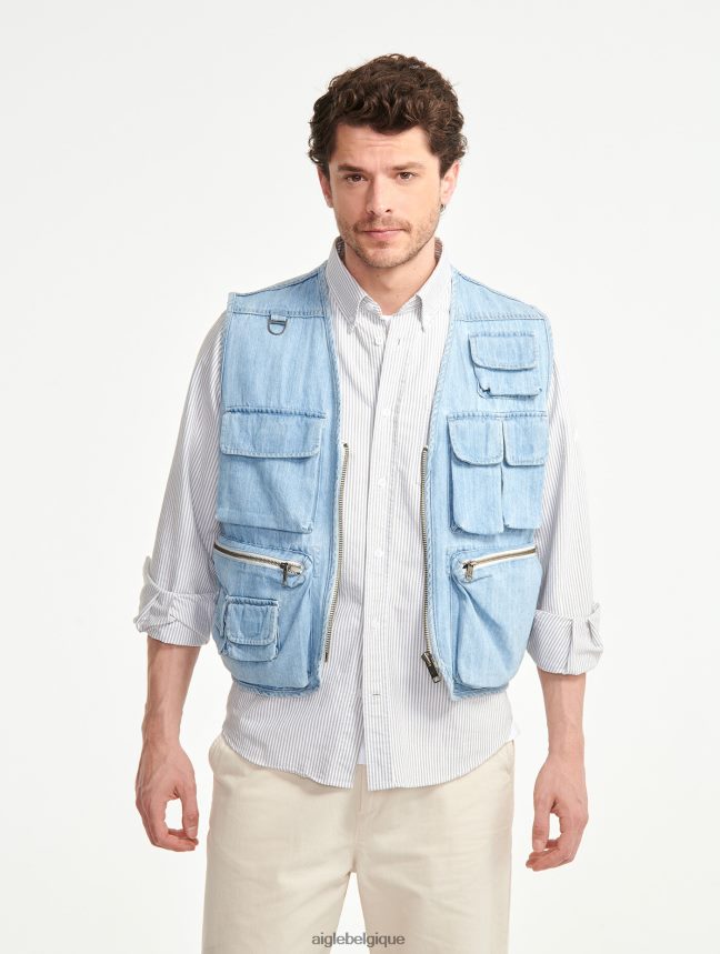 Aigle vêtements gilet court sans manches en jean denim légèrement décoloré Hommes HV42L2188