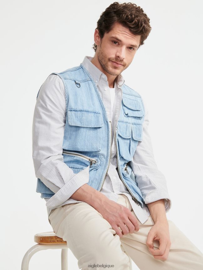 Aigle vêtements gilet court sans manches en jean denim légèrement décoloré Hommes HV42L2188