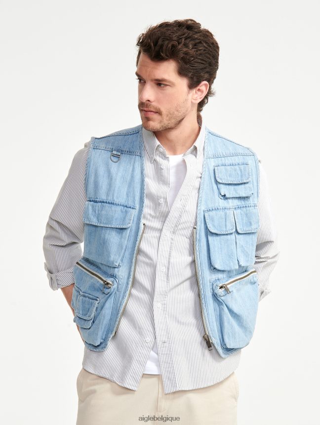 Aigle vêtements gilet court sans manches en jean denim légèrement décoloré Hommes HV42L2188