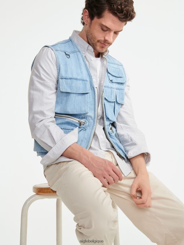Aigle vêtements gilet court sans manches en jean denim légèrement décoloré Hommes HV42L2188